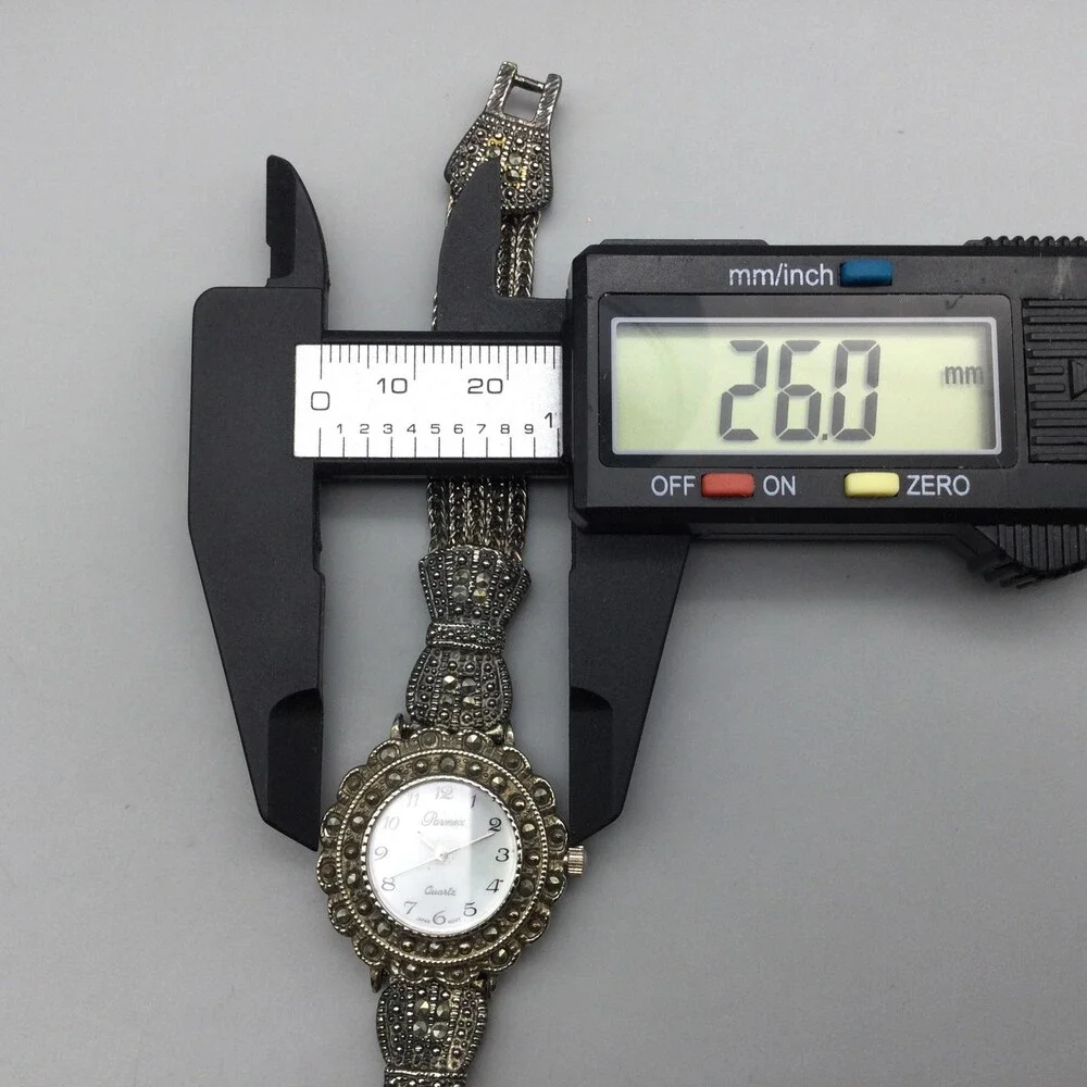 Pamex Womens Watch 26mm Silver Tone Marcasite MOP Dial New Battery 6.5